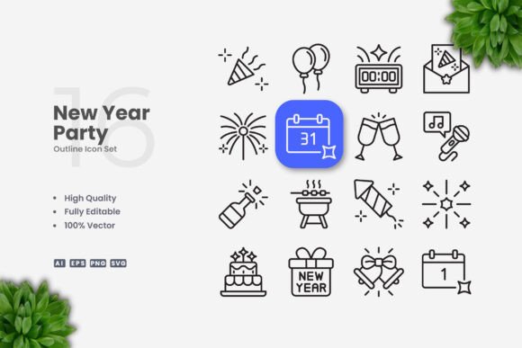 New Year Party Icons: A Graphic Design Asset Review